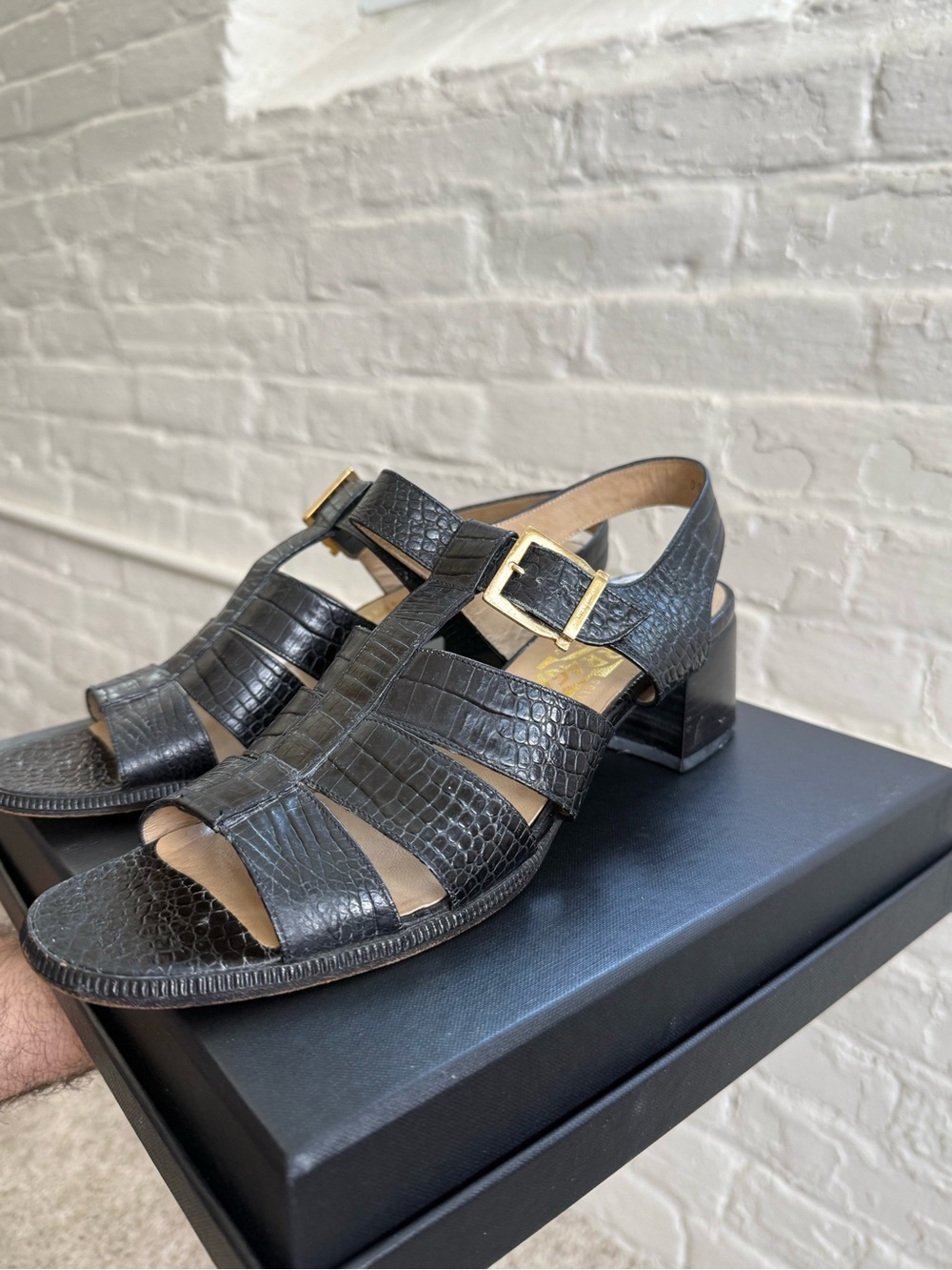 Salvatore Ferragamo Black Croc leather Strappy Heels Size 9 Narrow, Vintage